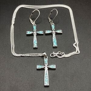 Turquoise Cross Necklace & Earrings Bundle 925 Silver Chain Birthday Anniversary